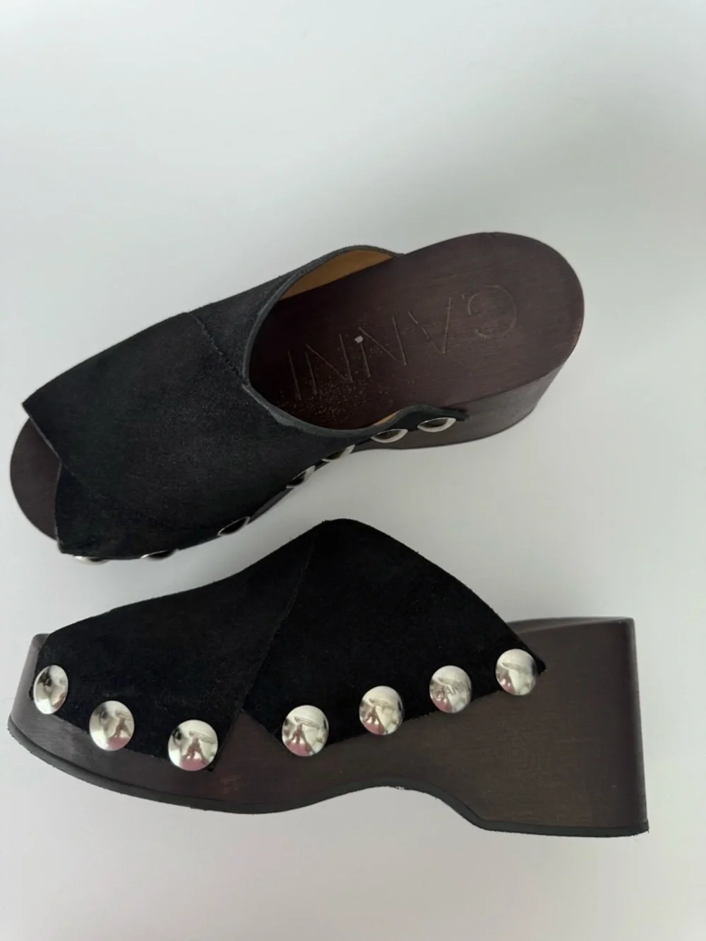 GANNI Retro Studded Wood Black Suede Clogs Open Toe Wedge - Picture 4 of 16